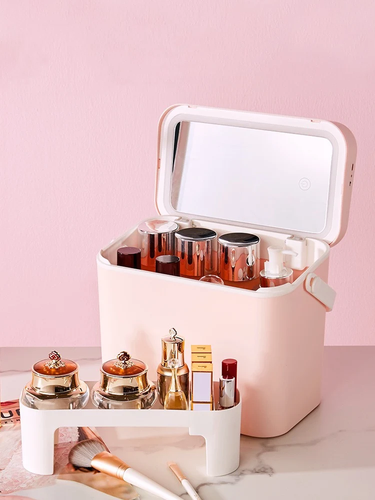 

Travel Makeup Tools Cosmetics Organizer With Mirror Portable Cosmetic Storage Box Large Capacity Jewelry Nail Polish Container