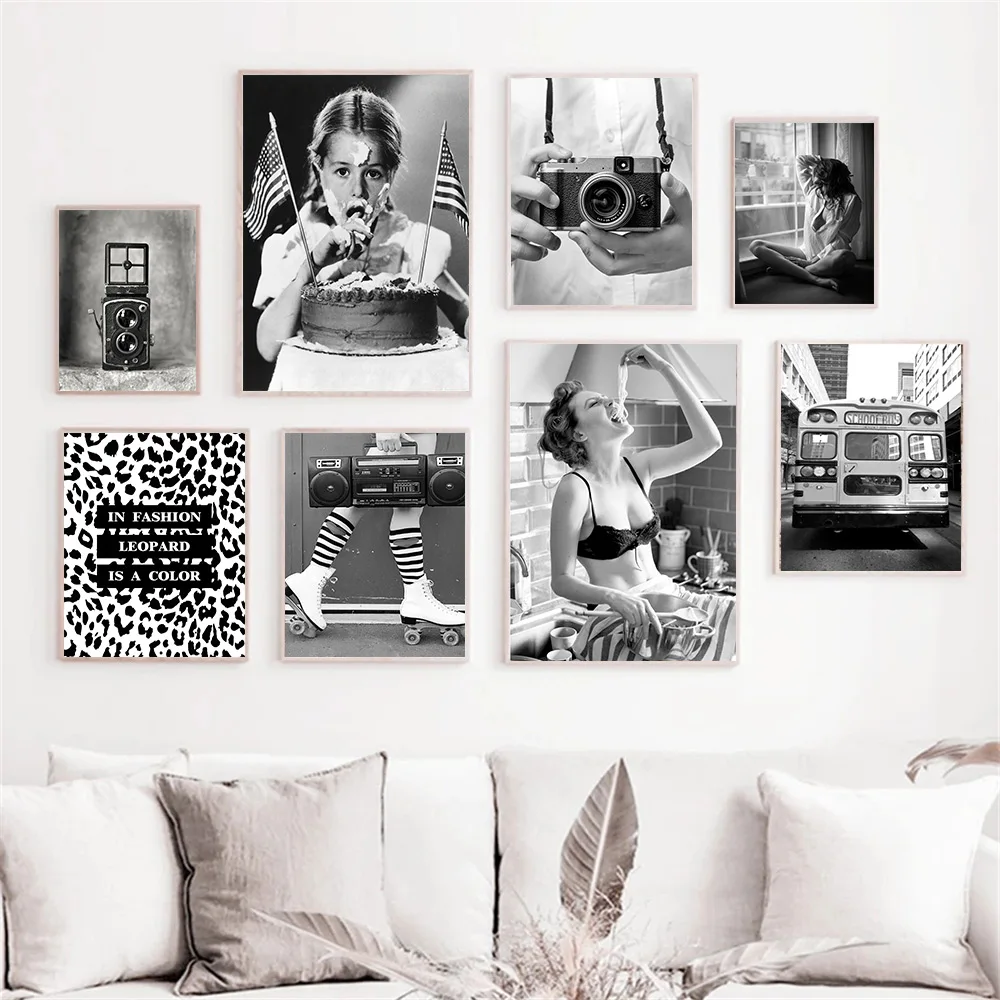 

Fashion Sexy Women Girl Wall Art Poster Black And White Leopard Print Quotes Art Print Camera Canvas Painting Modern Home Decor