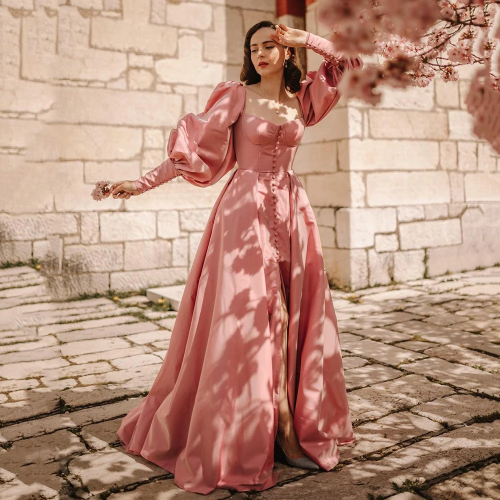 

Blush Pink A-Line Long Satin Prom Dress Sweetheart Puffy Sleeves Evening Gowns High Slit Party Dresses