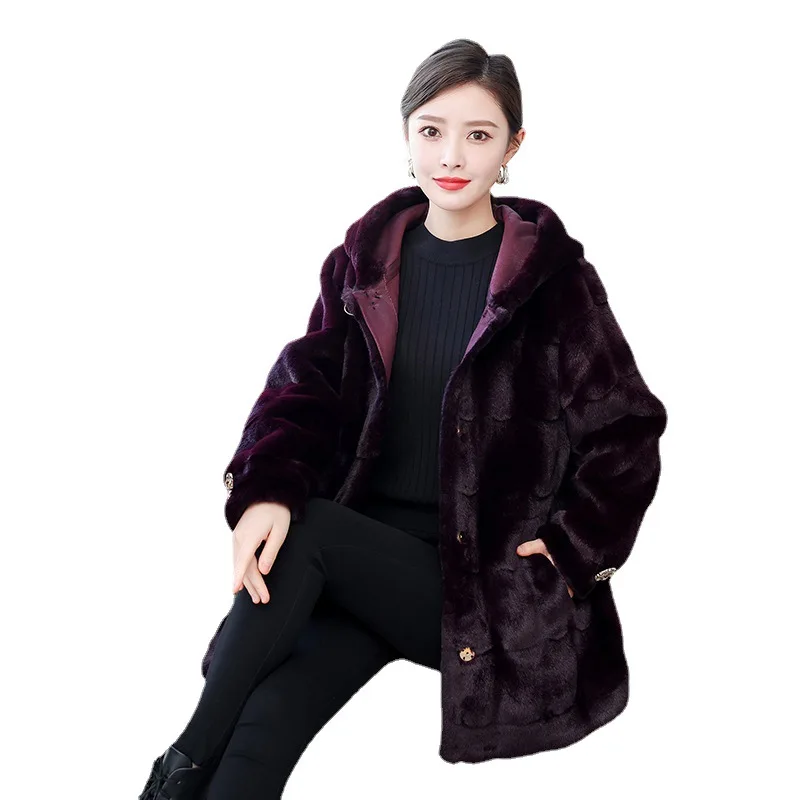 Fur Coat Women Winter Coats and Jackets 2021 The New Keep Warm Fashion Hooded Thin Waist Rope Rhinestone Buckle