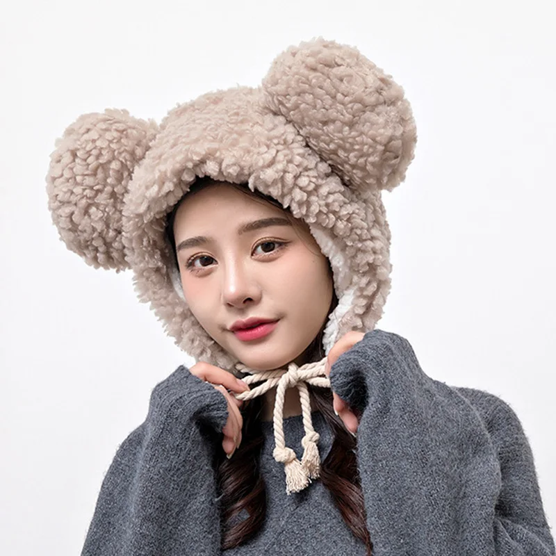 Winter Cute Bear Ears Warm Hat Women Beanies Windproof Cap Student Women Casual Snow Outdoor Cap Female Hat Girl Present