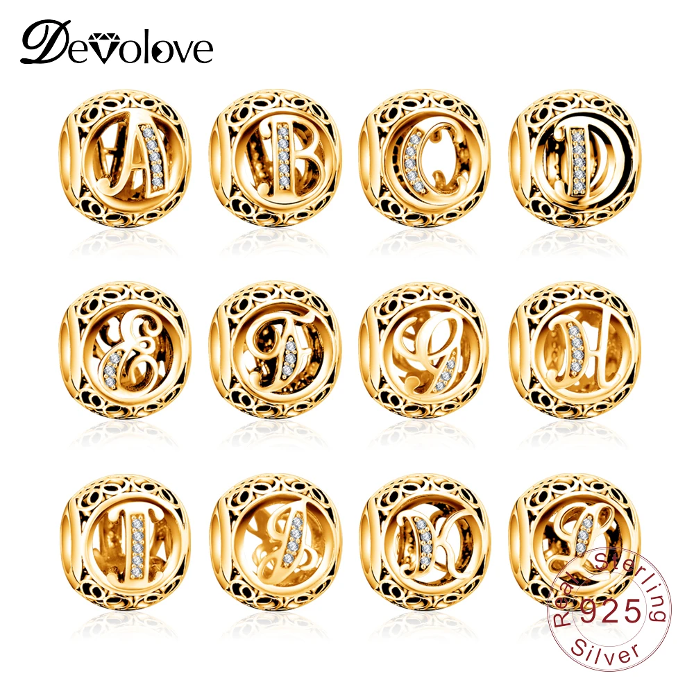 Devolove Алфавит буквы A Z подвеска золотого цвета 100% серебряные бусины 925 пробы