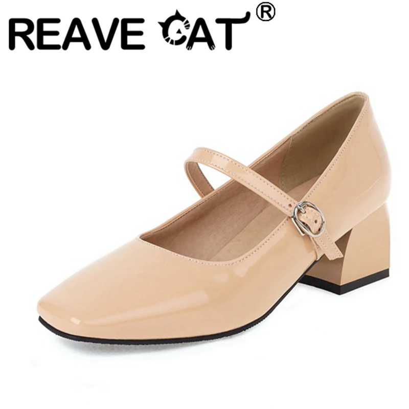 

REAVE CAT 2021 Retro Pumps Square Toe Mary Janes Buckle Strap 5cm Chunky Heel Shoes US20 21 Black Red Apricot Blue Yellow A4247