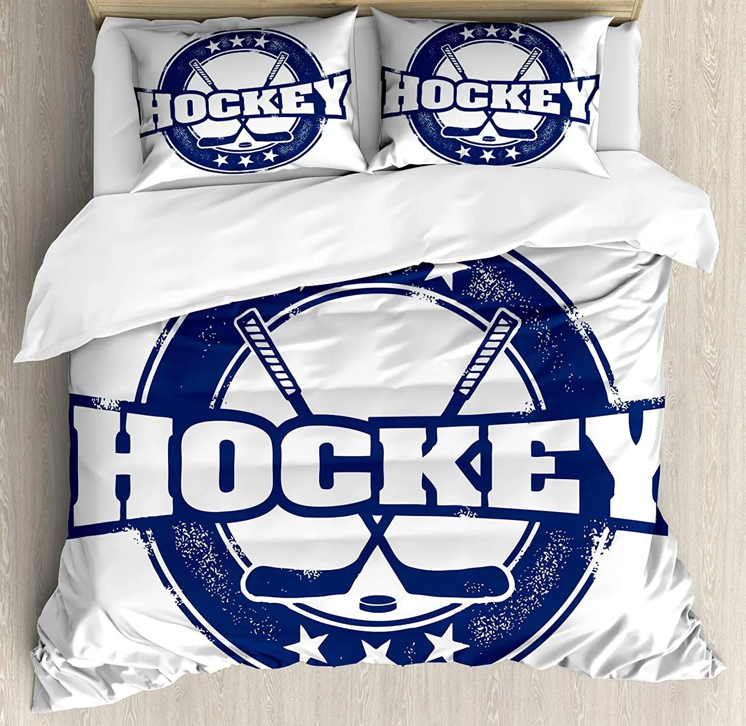 

Hockey Bedding Set Weathered Looking Vintage Stamp Composition Text Sticks and Stars in Circle Duvet Cover Pillowcase Bed Set