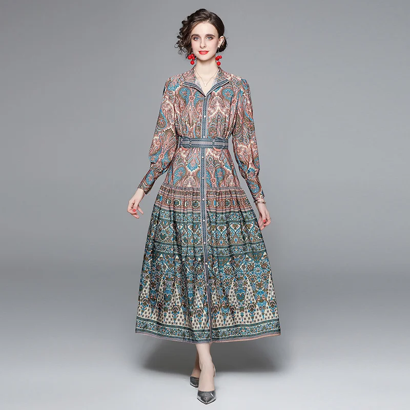 

Long Sleeve Vintage Maxi Dresses Spring New Puff Sleeve Ethnic Print Long Dress Sashes Vestidos Largos De Verano Para Mujer 2022