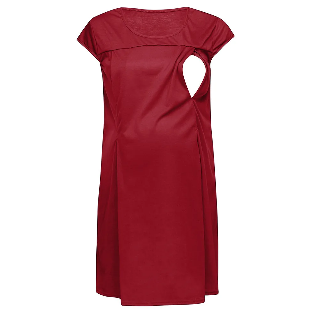 

TELOTUNY Ladies Pregnant Short Sleeve Pregnant Maternity Sexy Dress Solid Color Ruffle Nursing Pleated Breastfeeding Dress L0114