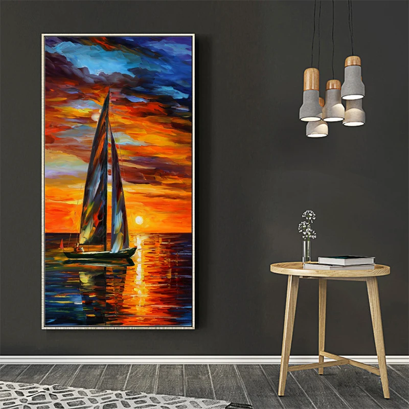 

Landscape Painting Wall Art Poster and Prints Oil Painting Sunset Boat Canvas Painting Wall Pictures for Living Room Home Decor