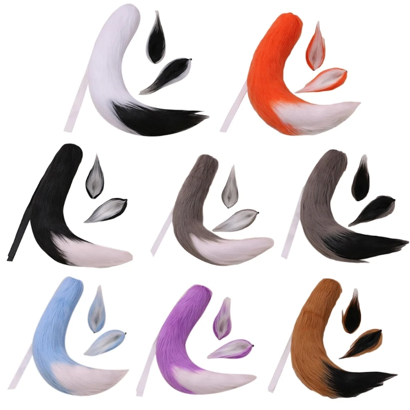 

Fluffy Faux Fur Wolf Ears Hair Clips and Plush Tail Adult Kids Cosplay Costume N7MF
