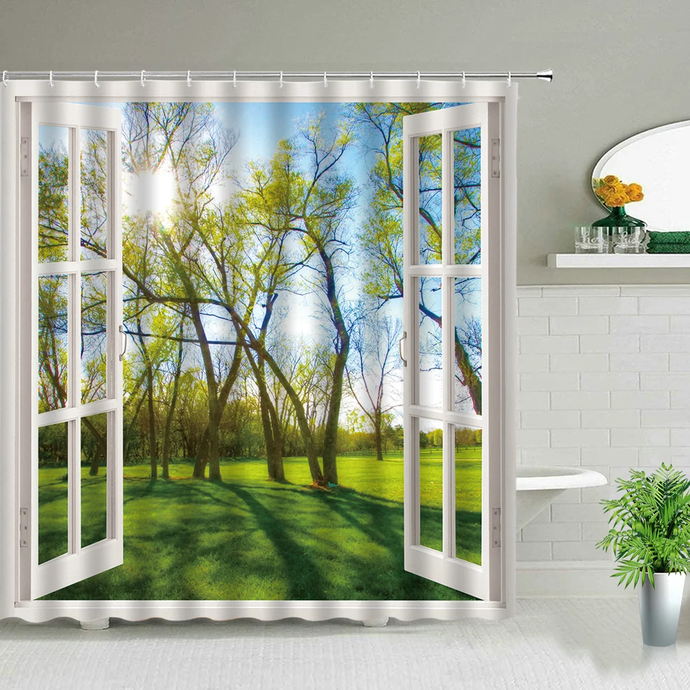 

Outside The Window Tree Spring Scenery Shower Curtains Flower Plant Forest Waterfall Landscape Bathroom Bath Curtain With Hooks