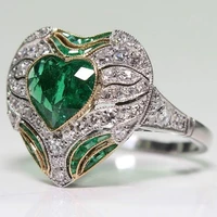fashion luxury green heart crystal emerald gemstone inlay zircon rings for men temperament diamond female jewelry