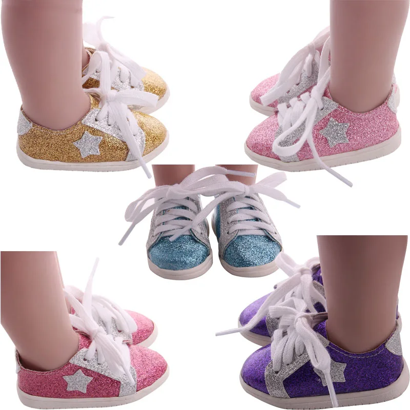 

1 пара кукольных туфель с пятиконечными звездами, блестящие туфли для 18-дюймовых кукол и детской обуви 43 см, реальные аксессуары, подарок для девочек