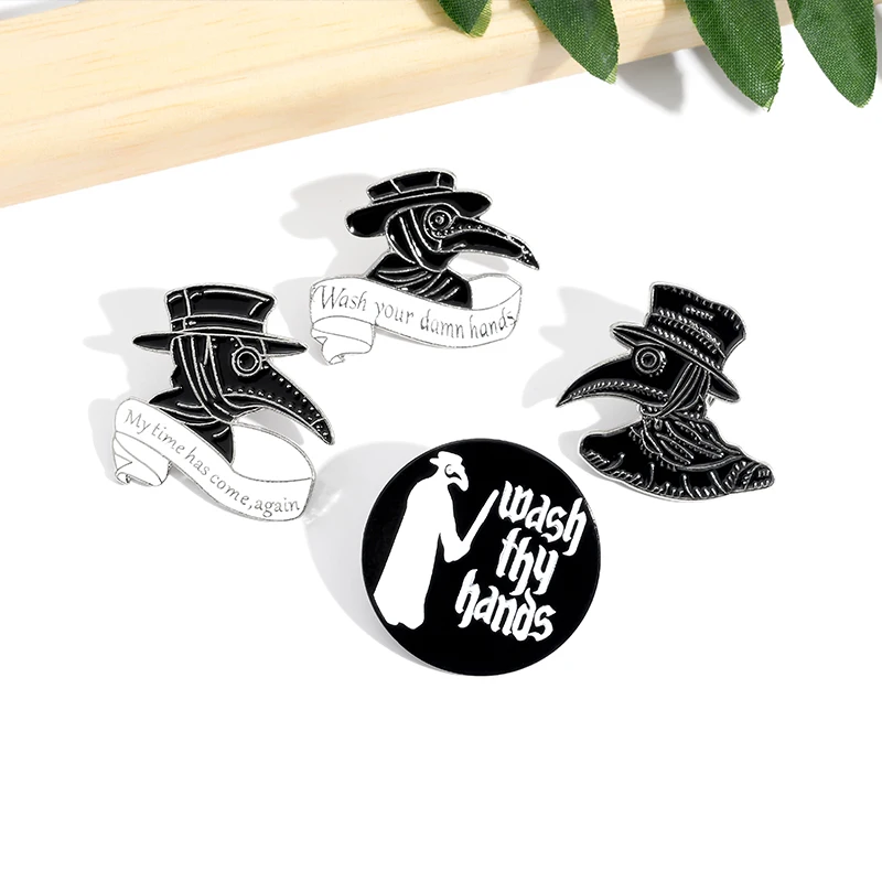 

QIHE JEWELRY Plague Doctor Enamel Pins Stay At Home Wash Your hands Brooches Badges Fashion Pins Gift for Friends Wholesale