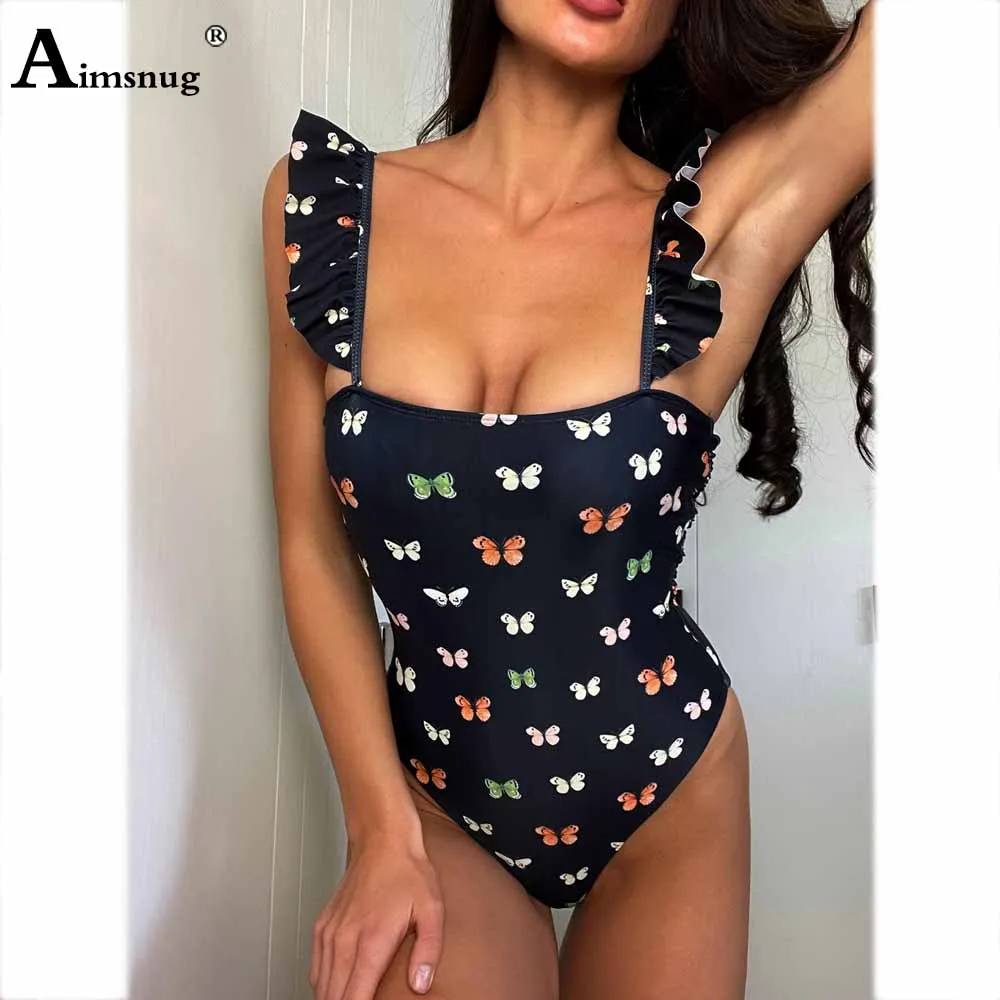 

Women One-Piece Swimsuit Ruffled Strap Onesie Bodysuit Female Swimwear Model Butterflies Print Bathing Suit Monokini Beachwear