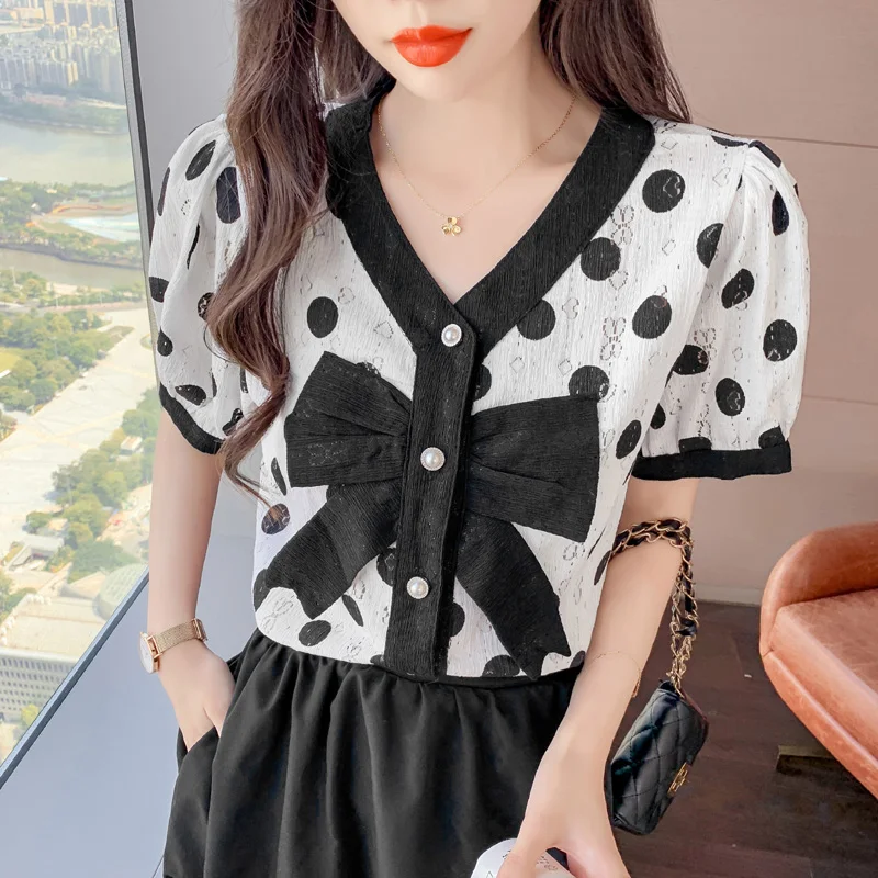 

Женская офисная блузка в горошек, элегантная приталенная блузка с коротким рукавом, V-образным вырезом и бантом, лето 2021