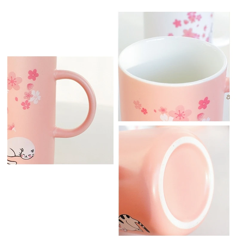 

Cute Sakura Cat Ceramic Mug with Lid and Spoon Coffee Milk Cup Breakfast Mug Lover's Gifts Home Office Tea Water Cup Drinkware
