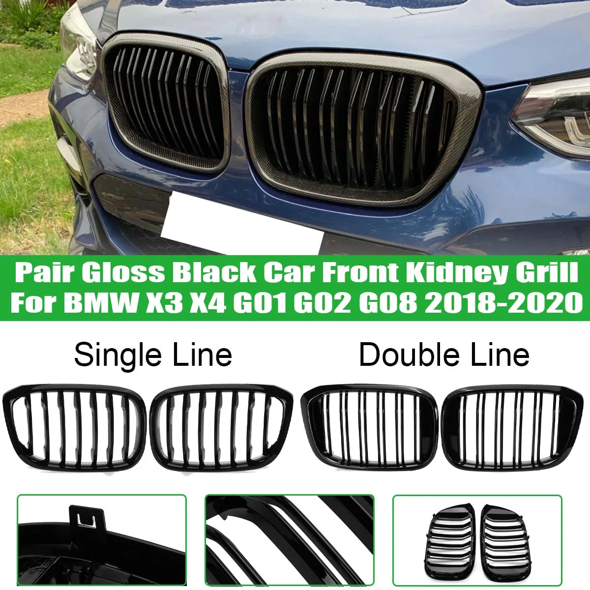 

2PCS Front Grille Kidney Grill Double Slat For BMW 3 4 X3 X4 G01 G02 G08 2018 2019 2020 Racing Grills Car Styling Accessories