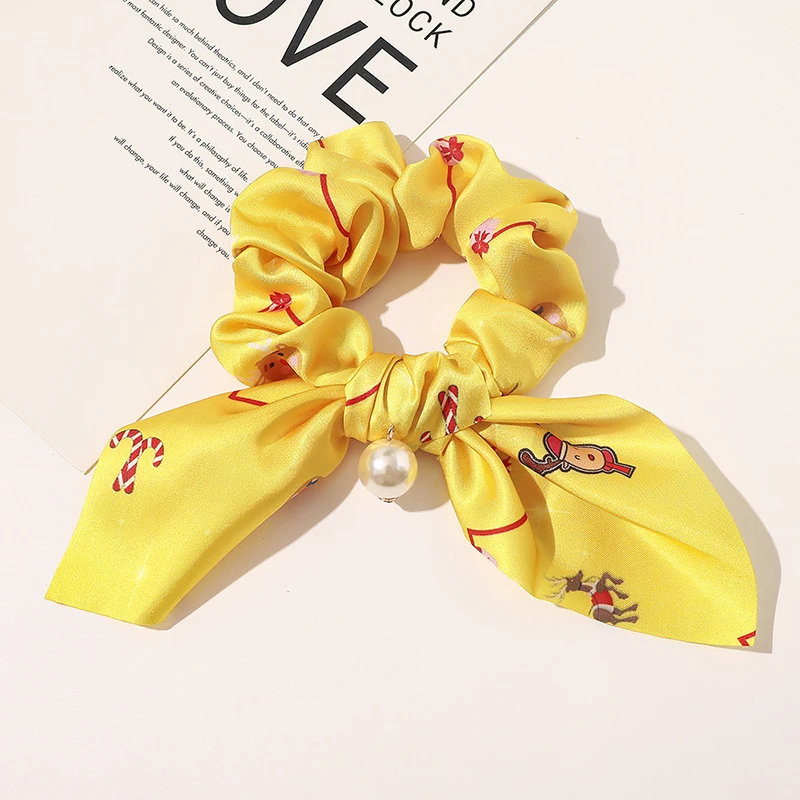 

Christmas Rabbit Ear Bow Hair Scrunchies for Women Cute Pearl Ponytail Holder Hair Rope Rubber Bands Hair Accessories