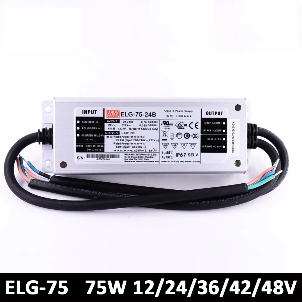 

MEAN WELL Switching Powr Supply ELG-75 75W 12V 24V 36V 42V 48V Constant Current Voltage LED Driver 3 IN 1 Dimming IP67