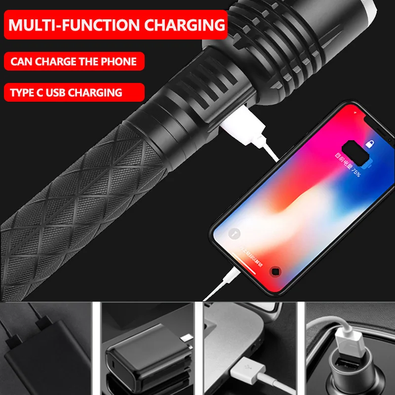 Precio Linterna LED XHP120 De 12 Núcleos, Potente Foco De Tiro Largo, Recargable Por USB, Lámpara De Camping Con ZOOM De 10000MAH Como Powerbank