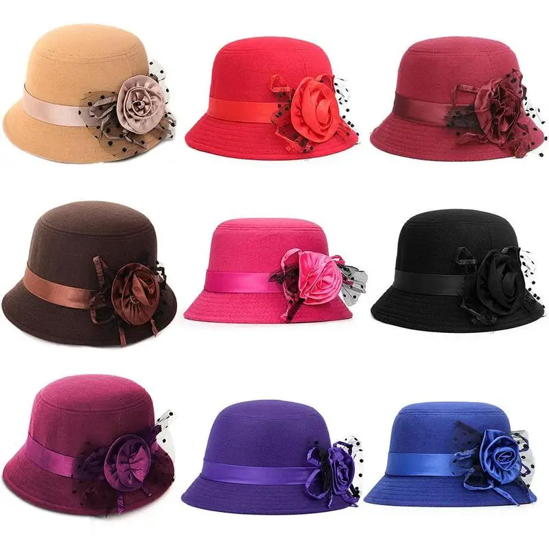

Vintage British Woolen Big Brimmed Hat Bucket Hat Ladies Flower Church Women Bowler Hat Cloche Retro Felt Fashion Retro Vintage