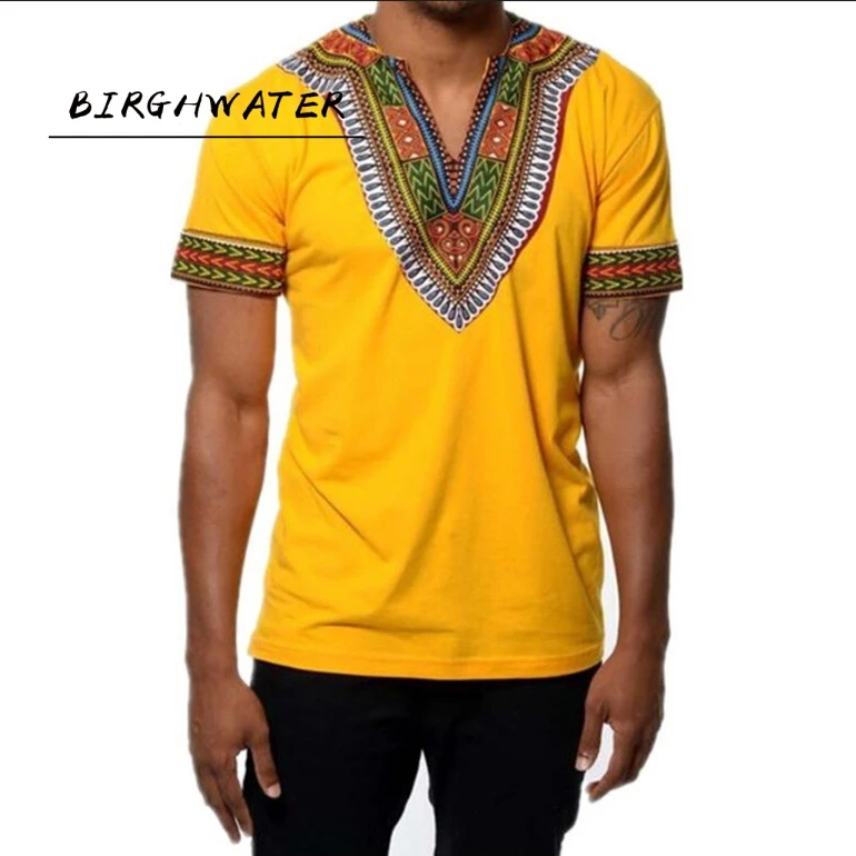 

Модная мужская футболка Дашики с V-образным вырезом, топы с принтом, Африканские Этнические брендовые футболки с коротким рукавом, Мужская а...