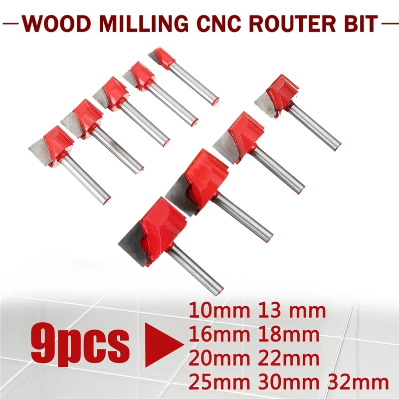 

9Pcs 6mm Shank Surface Planing Bottom Cleaning Wood Milling CNC Cutter Engraving Knife Router Bit Woodworking Tools 10-32mm