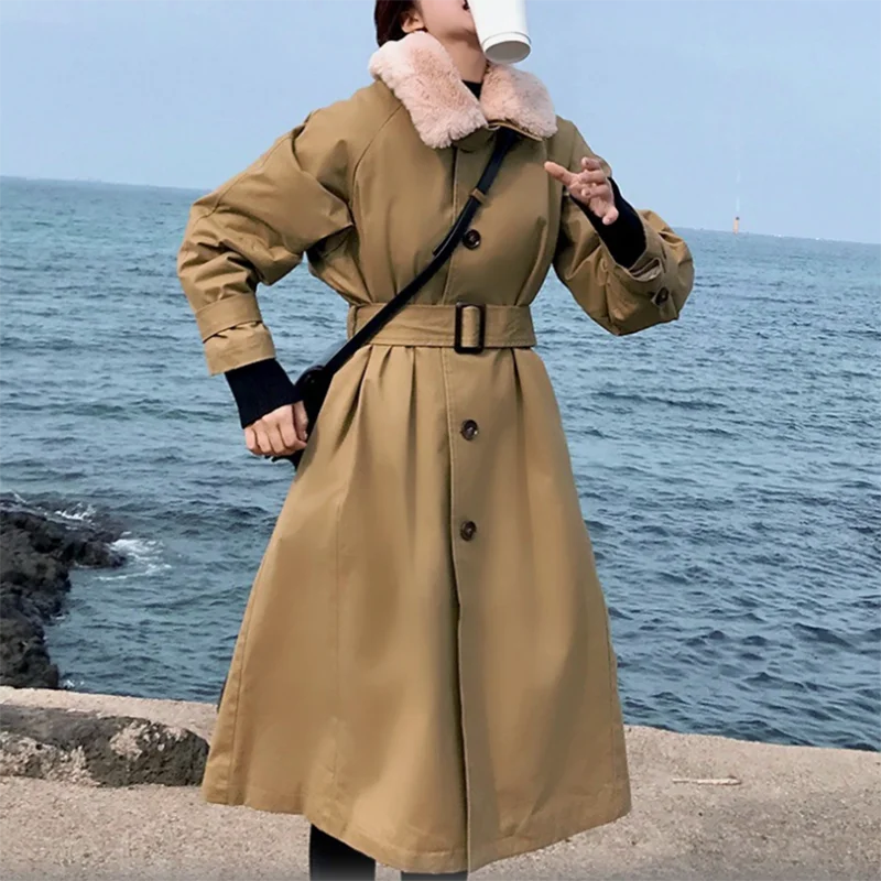 Хаки длинный зимний Тренч Женский 2019 теплый стеганый меховой воротник съемный
