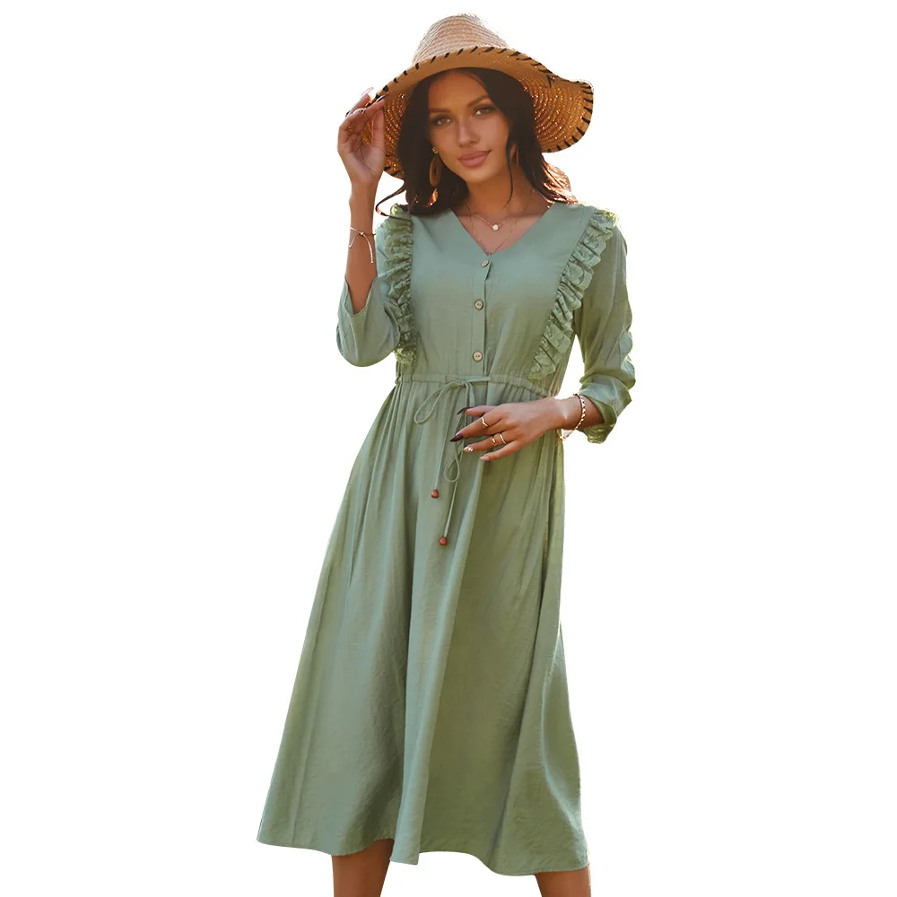 

Spring and Summer Holiday Light Women's Dress 2021 Boho Mid Green Sundress High Waist Long Sleeve Female Harajuku Dress