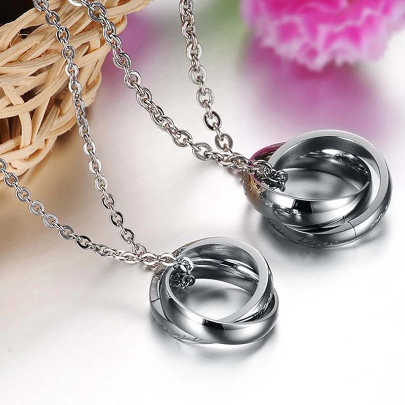 

New Arrivals Lover half heart Necklace For Couples "Real Love" Double Circle Stainless Steel For Mens Ladies Couple Necklace