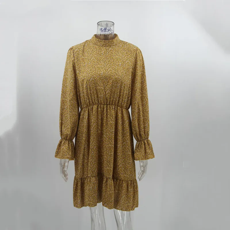 

Sweet Temperament Women's Printed Long-sleeved Ruffled Yellow Dress Ladies Bodycon Retro Beach Mini Dress Female Fashion Dresses