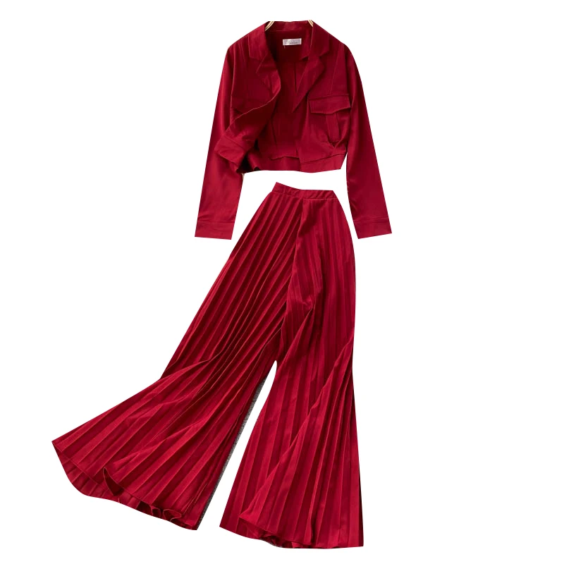 

Women's Suit Short New Fashion Long Sleeve Short Tops + High Waisted Slim Pleated Wide Leg Pants Two Piece Sets P925