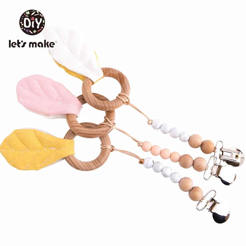 Let's Make Baby Teether Silicone Beads Holder For Nipples Leaves 1PC Latex Free Cotton Metal Ring Teething Wood Pacifier Chain | Мать и