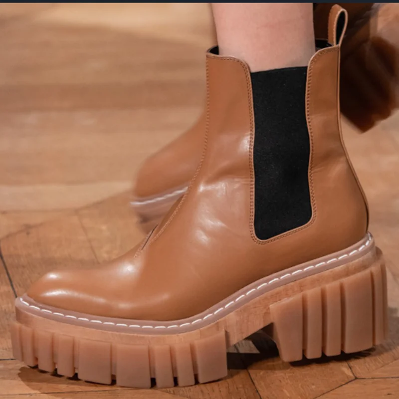 

Brown Real Leather Ankle Boots Women Pointed Toe Thick Bottom High Heels Botas De Mujer Fashion Chelsea Boots