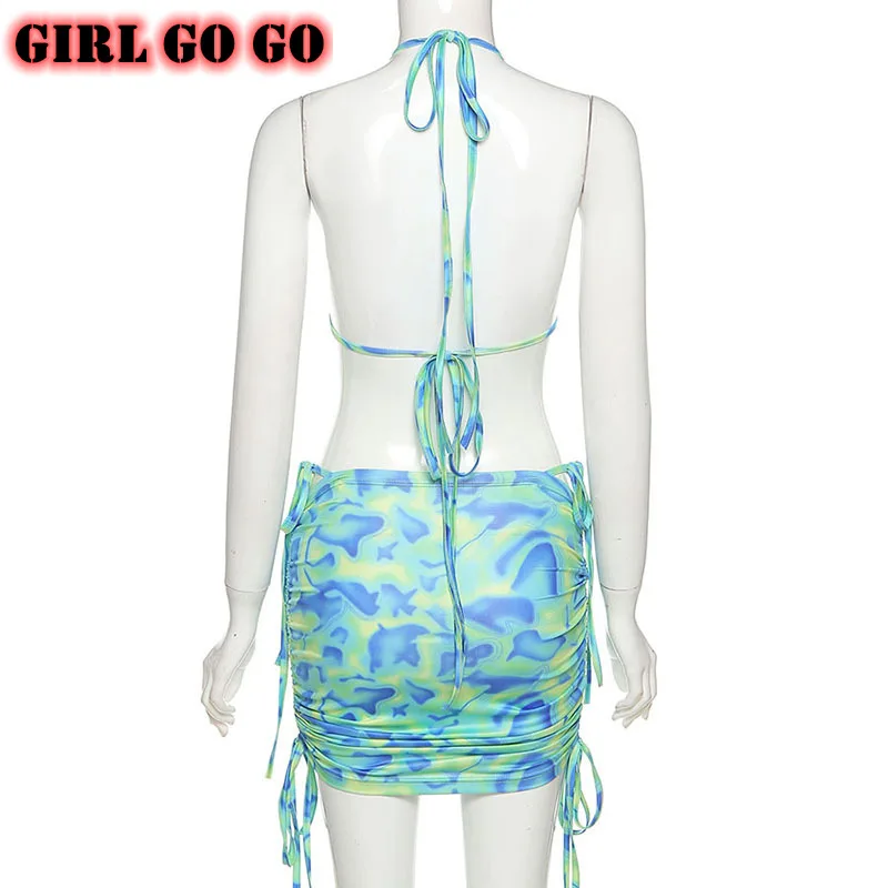 

2 piece set women crop top bra and mini skirt beach matching sets pleated drawstring backless lace up outfits summer vest sexy