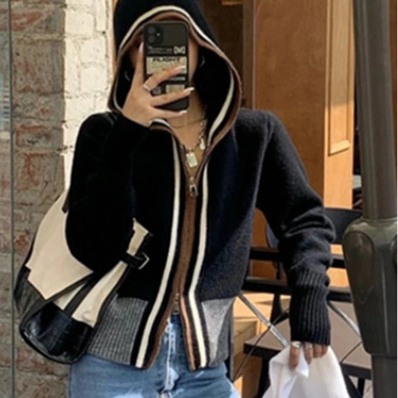 

Women’S Double Zipper Hooded Knitted Sweater Coat Autumn Winter Fashion Harajuku Stitching Color Chic Causal Sweater Jackets