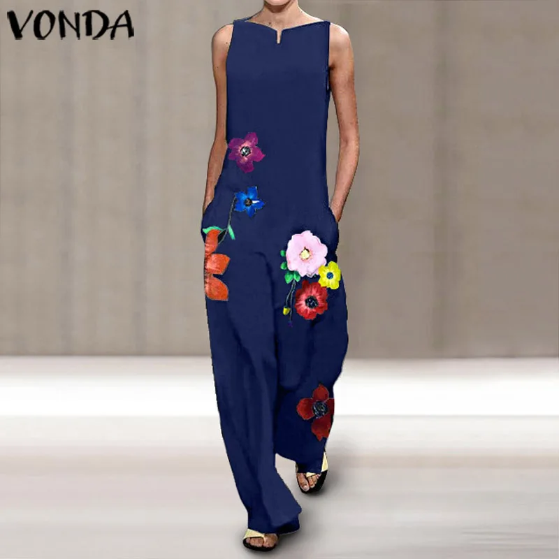 Womens Sleeveless Jumpsuits 2021 Women Rompers Sexy V Neck Printed Playsuits VONDA Plus Size Wide Leg Pants Casual Overalls