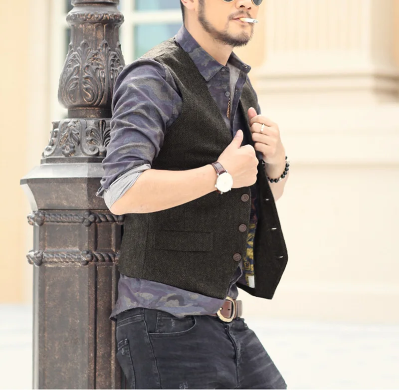 Men's Vest Army Green V Neck Casual Waistcoat Suit Herringbone Tweed Wool Tuxedo For Wedding | Мужская одежда