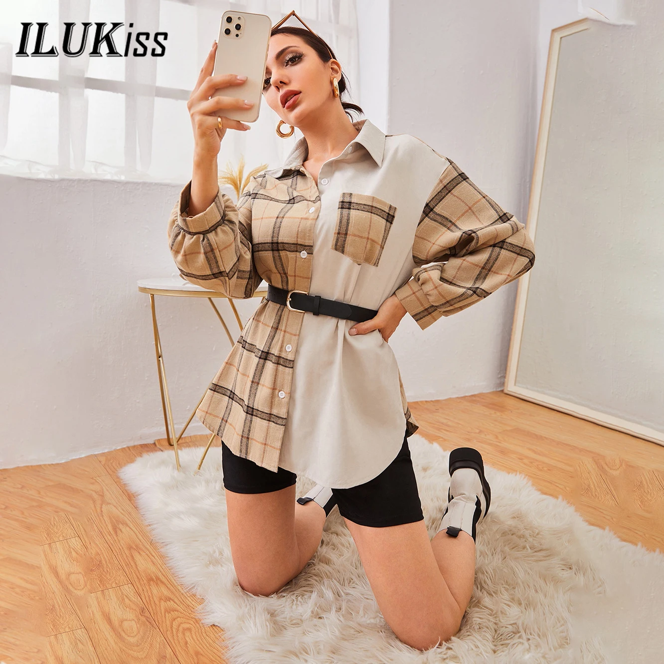 

Fall 2021 Fashion Long Sleeve Shirt Women Patchwork Blouses Femme Plaid Print Ladies Top Loose Elegant Blouse Shirts Tops Casual