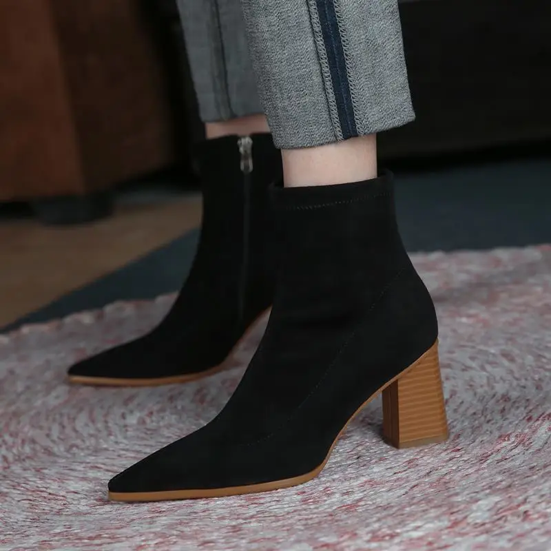 

ALLBITEFO Size 33-43 Elastic Material Pointed Toe Ankle Boots Autumn Winter Fashion Sexy Women High Heel Boots Women Heels Shoes