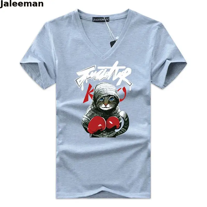 

JALEEMAN 2021 summer new Muay Thai cat T-shirt men's casual v-neck short-sleeved brand T-shirt men's breathable