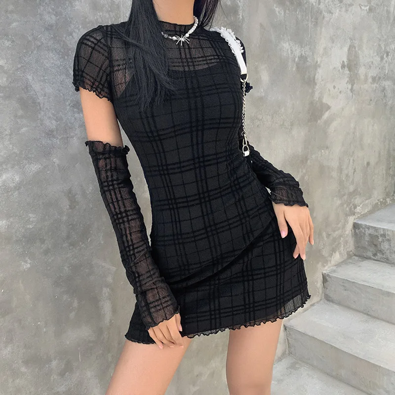 

2021 Spring Fashion Simple Plaid Patchwork Young Style Dress Women Casual Street Slim Office Lady Black Mini Dress