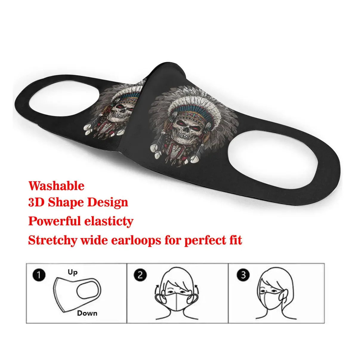 

Warrior Indian Skull Feather Crown Print Dust Mask Mouth-Muffle Washable Fabric Adult Protective Face Windproof