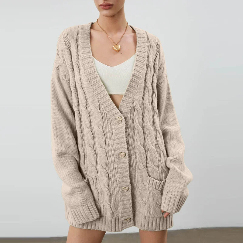 

Autumn Women's Sweater Long Knitted Cardigan Oversize Twisted V-neck Heart Button Sweaters Female 2021 Lady Casual Basic Tops