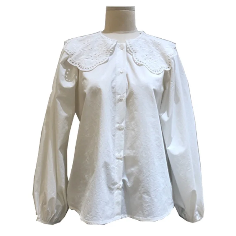 

Spring Sweet Lace Hook Flower White Blouse Woman Buttoned Shirts Long Sleeve Woman Tops Korean All Match Blusas Mujer