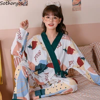 women printed pajama sets japanese style long sleeve bandage tops full length pants cozy loose students lovely lounge female new