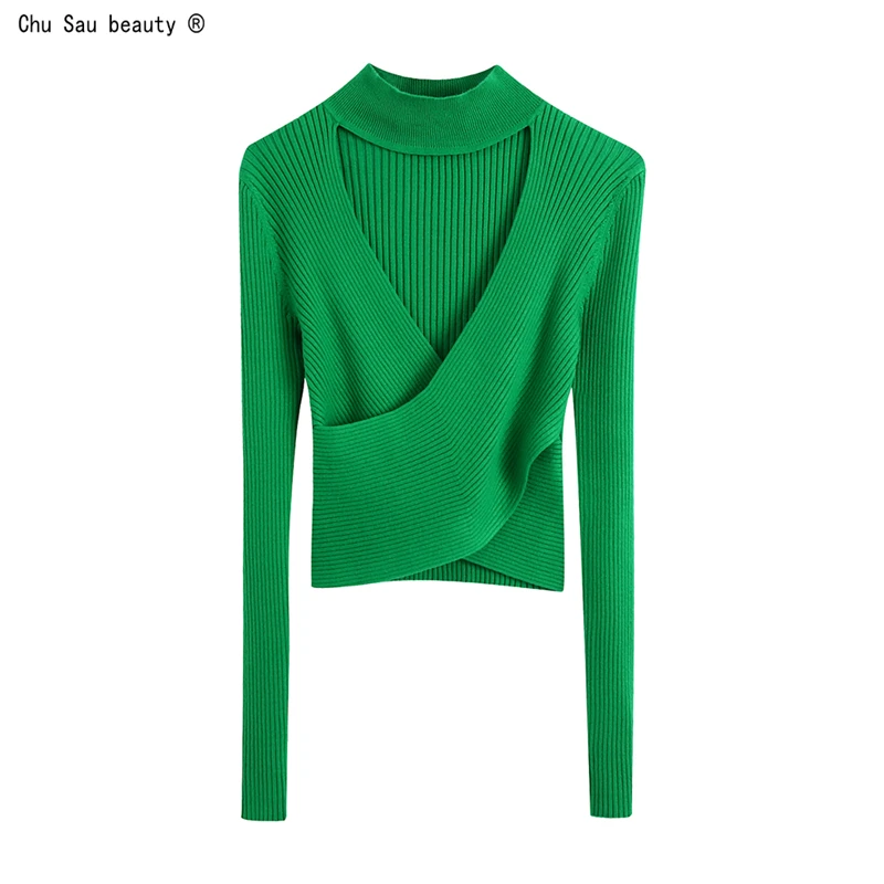 

Autumn Winter New Fashion Vintage O-Neck Long-Sleeve Hollow Criss-Cross Knitted Slim-Fitting Solid Color Sweater Pullover Women