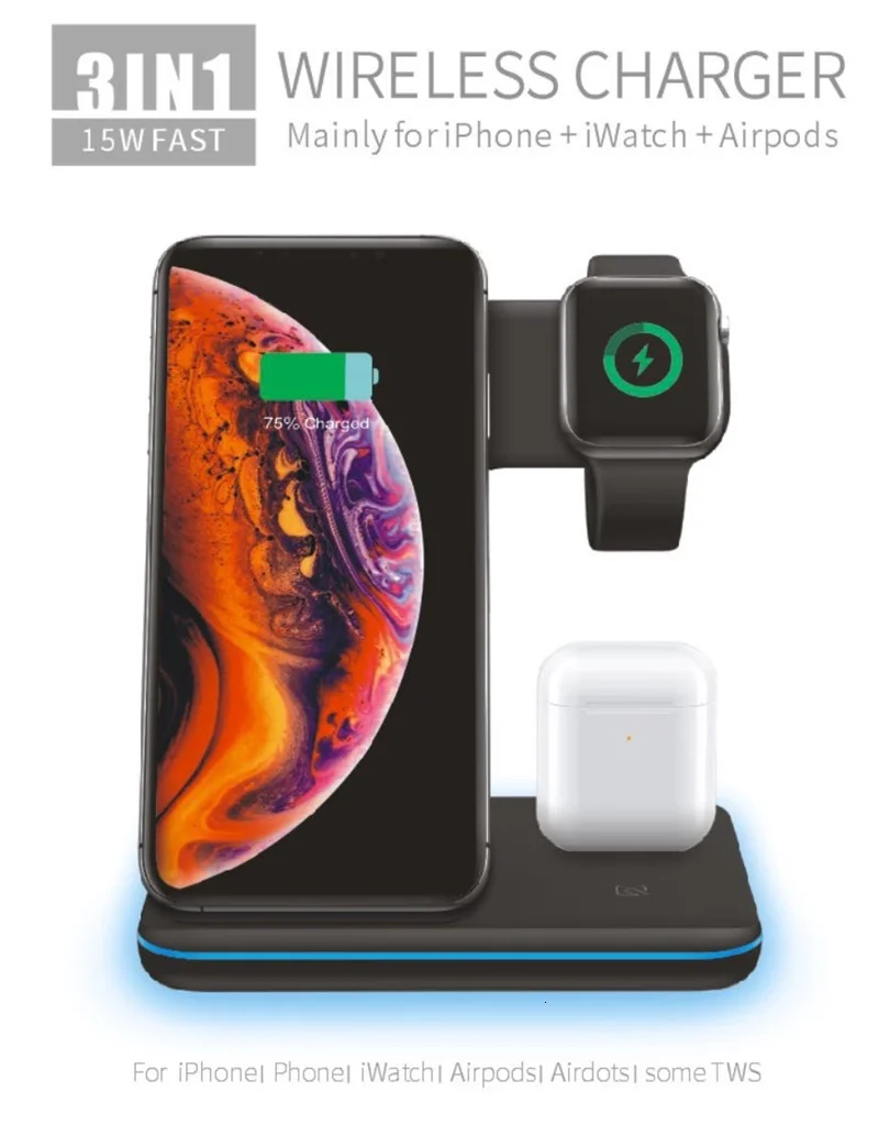 15 Вт Быстрое беспроводное зарядное устройство Qi для Apple Watch 1 2 3 4 5 AirPods 3 в 1 быстрая зарядка подставка Док-станция для iPhone 11 Pro XS Max XR X 8