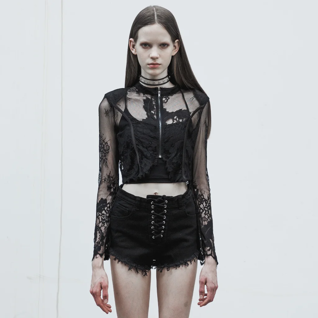 

PUNK RAVE Women's Long Sleeve Lace Blouse Jacket Court-style Embroidery Fabric Irregular Hem Sexy Short Thin Coat