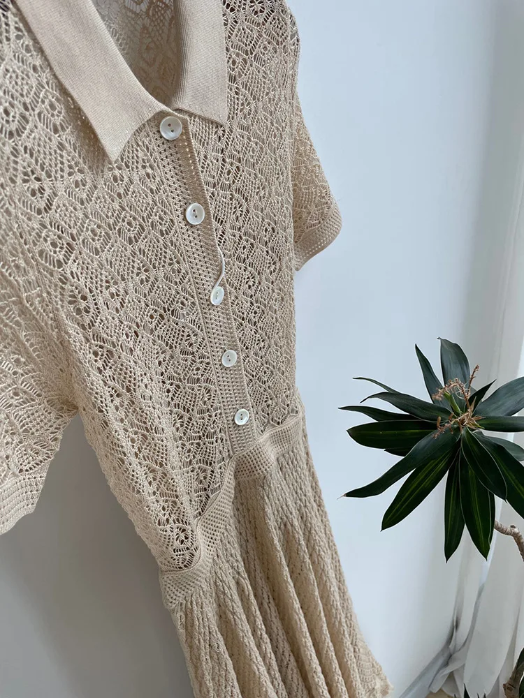 

2021 New High Grade Silk Hemp Hand Woven Hollow Out Women Elegant Big Swing Long Dress Tassel Dress