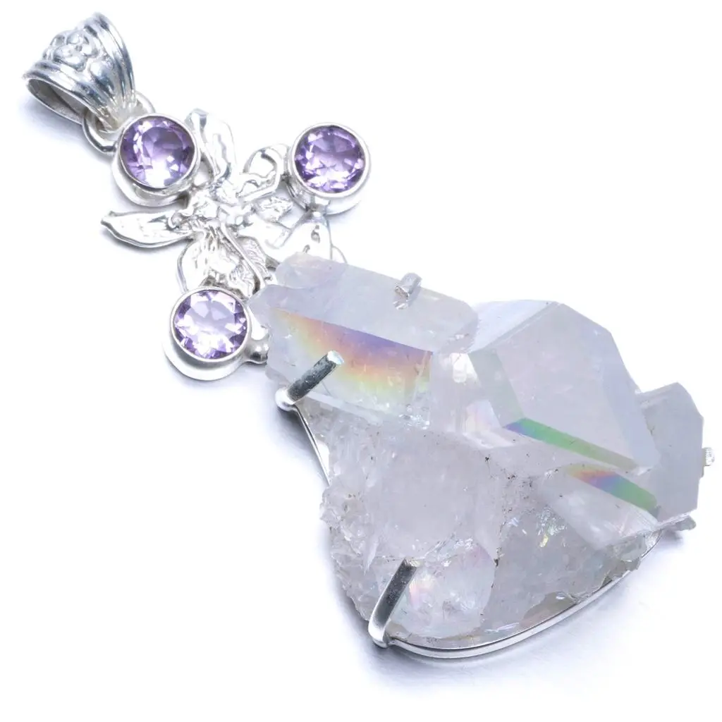 Природный огромный угол Aura кварц и аметист фотосеребряная Подвеска 2 1/2 дюйма PS013 |